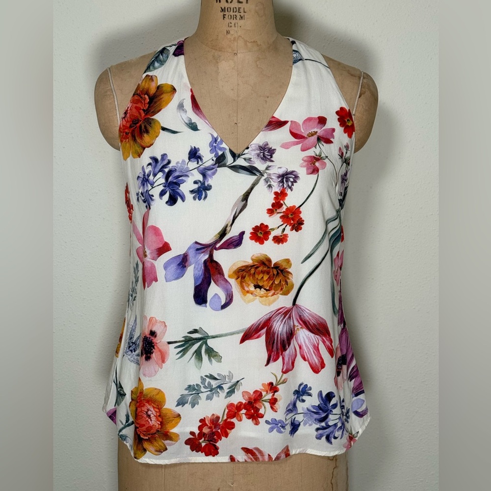 Esprit Blouse Top Halter V-Neck Sleeveless Floral Print Size Small Ivory Lined